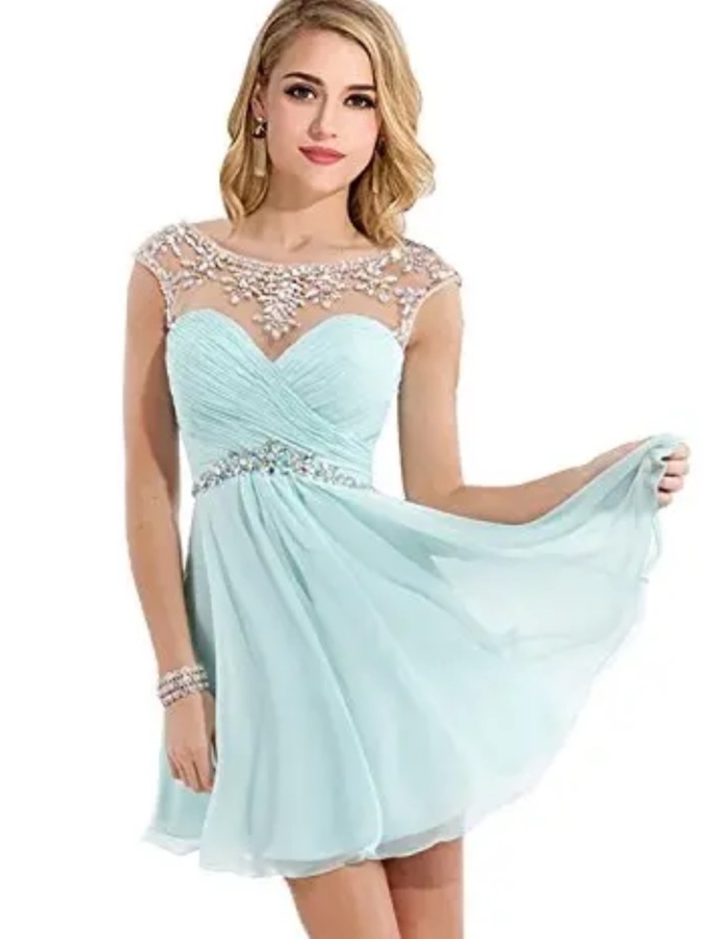 Embellished Chiffon Coquette Mini Dress in Light Aqua